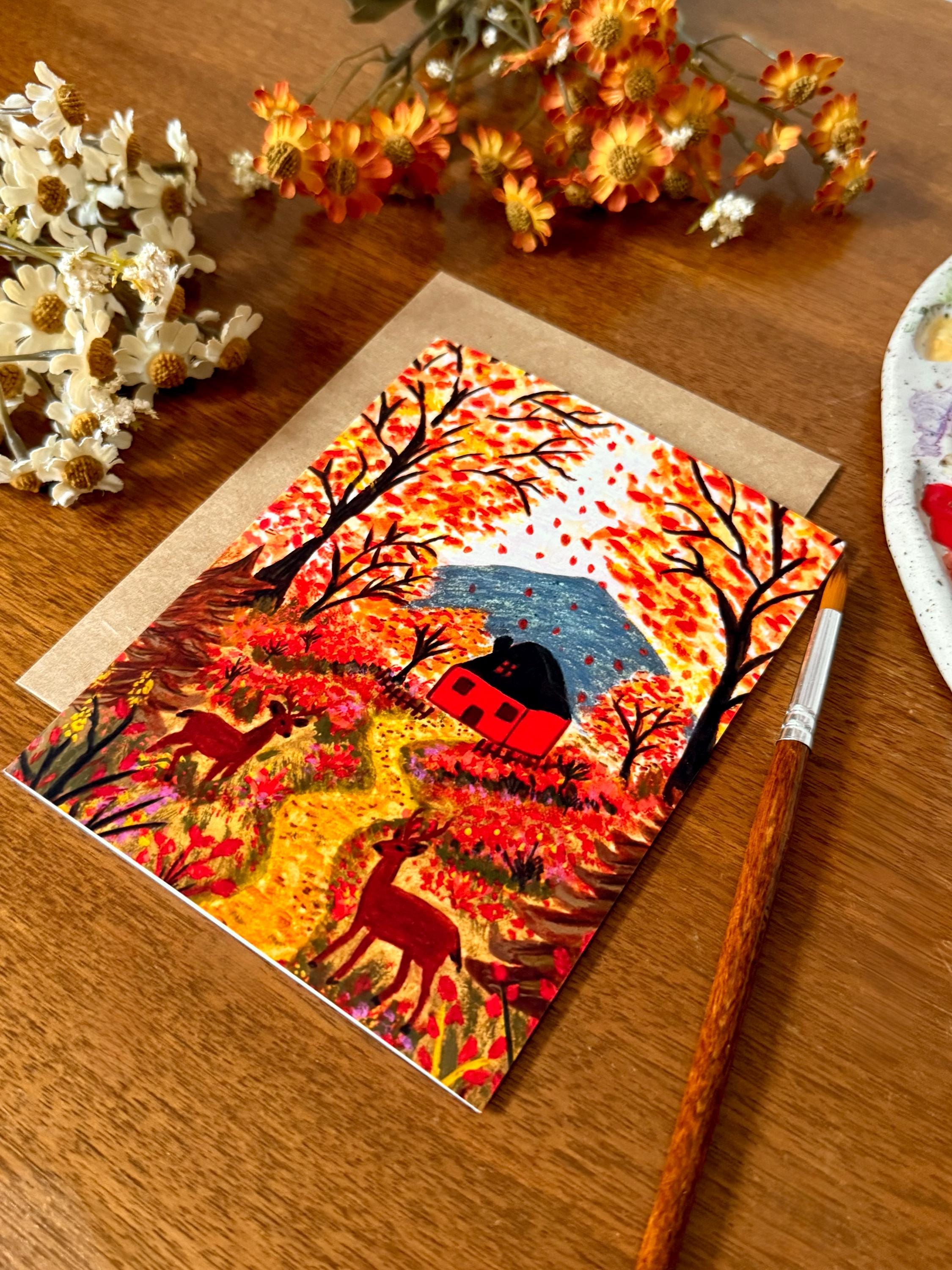 Fall Watercolor Card, Cozy Autumn Woodland Deer Art