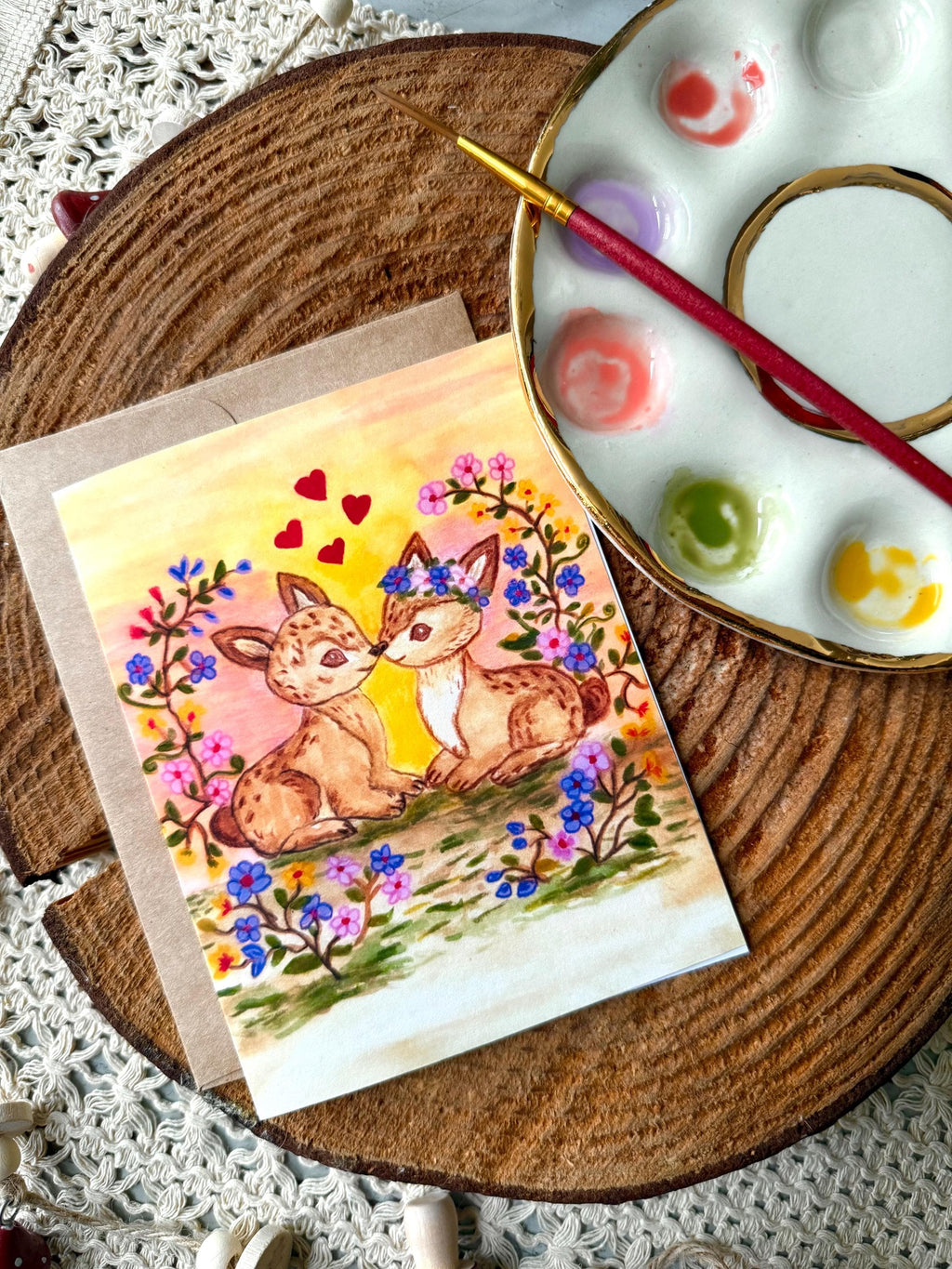 Fawn Valentine Card | Two Kissing Deer in Woodland Sunset | Hand Illustrated Watercolor Love Card, Engagement, Wedding, Valentine Cards