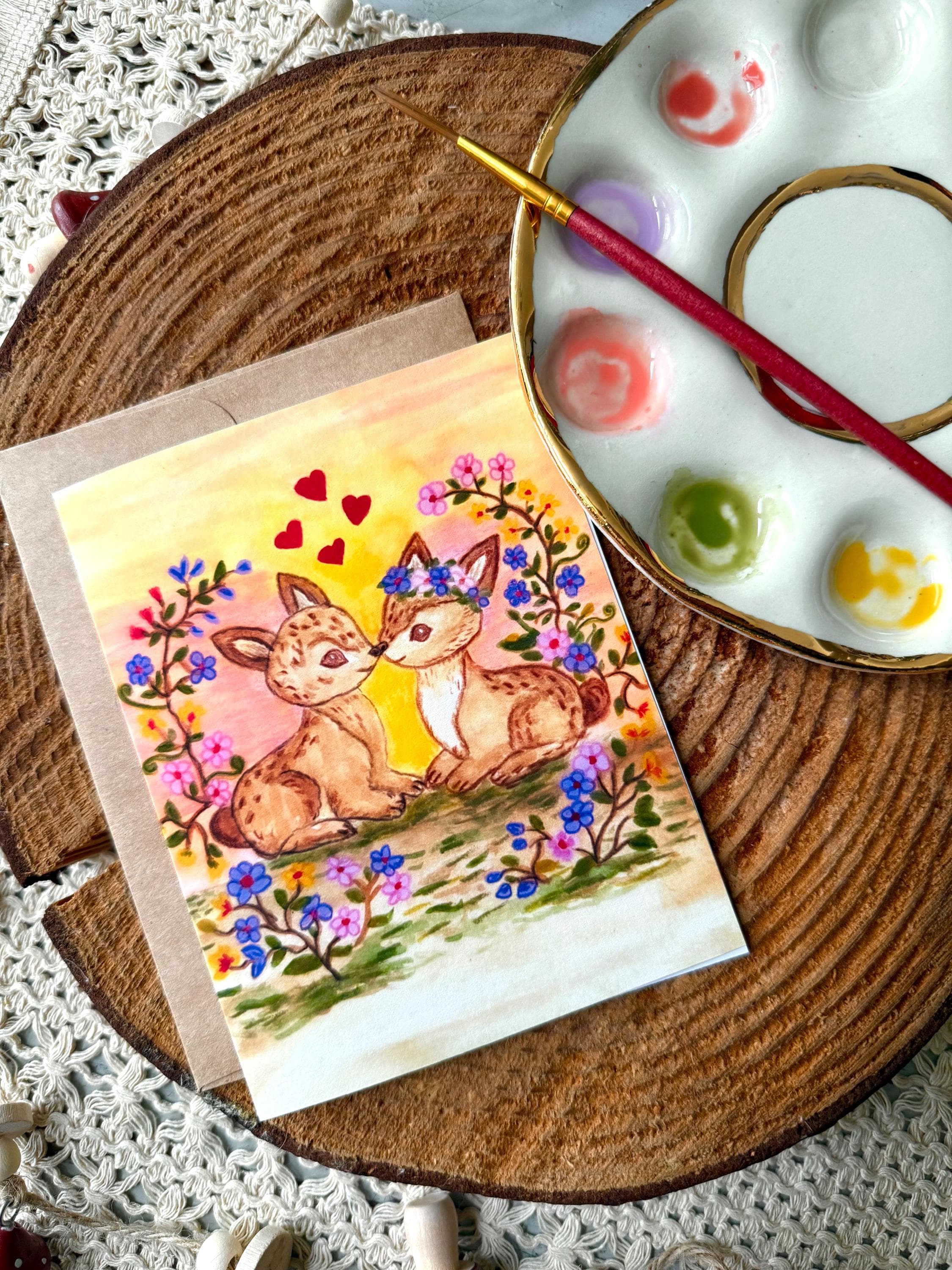 Fawn Valentine Card | Two Kissing Deer in Woodland Sunset | Hand Illustrated Watercolor Love Card, Engagement, Wedding, Valentine Cards