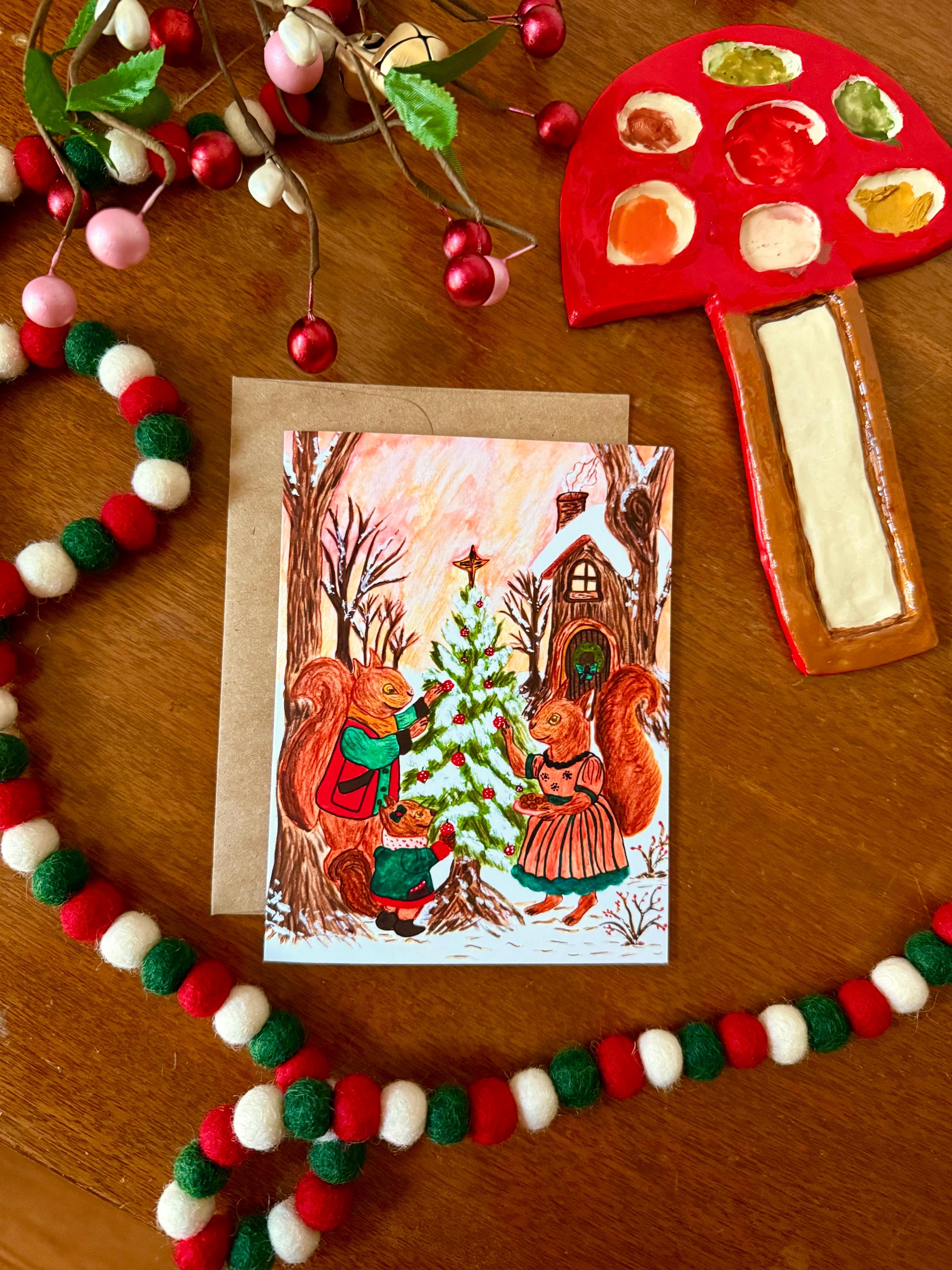 Squirrel Family Christmas Card – Watercolor Woodland Greeting