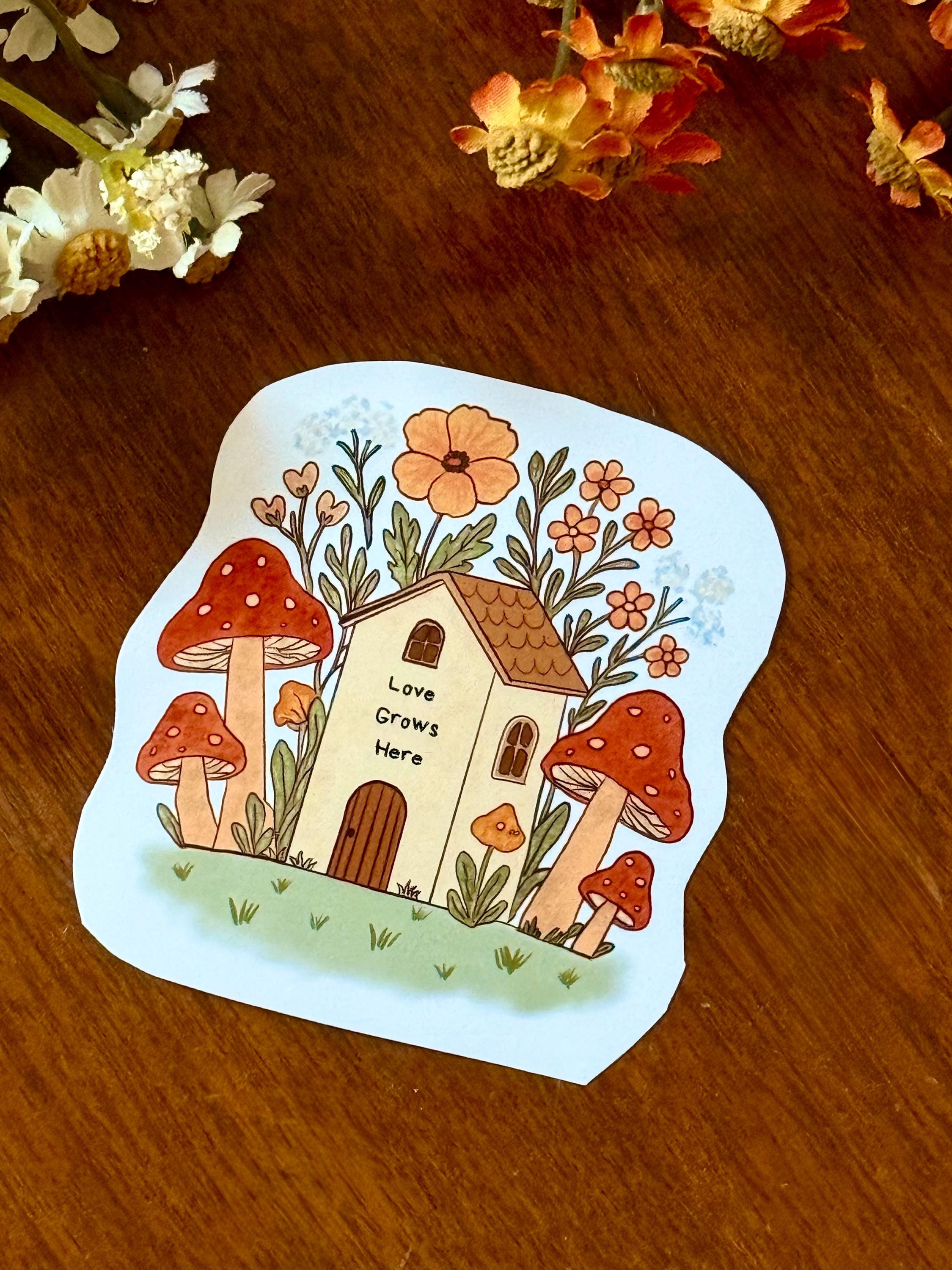 Mushroom Cottage Sticker – Whimsical Woodland Art, Water-Resistant