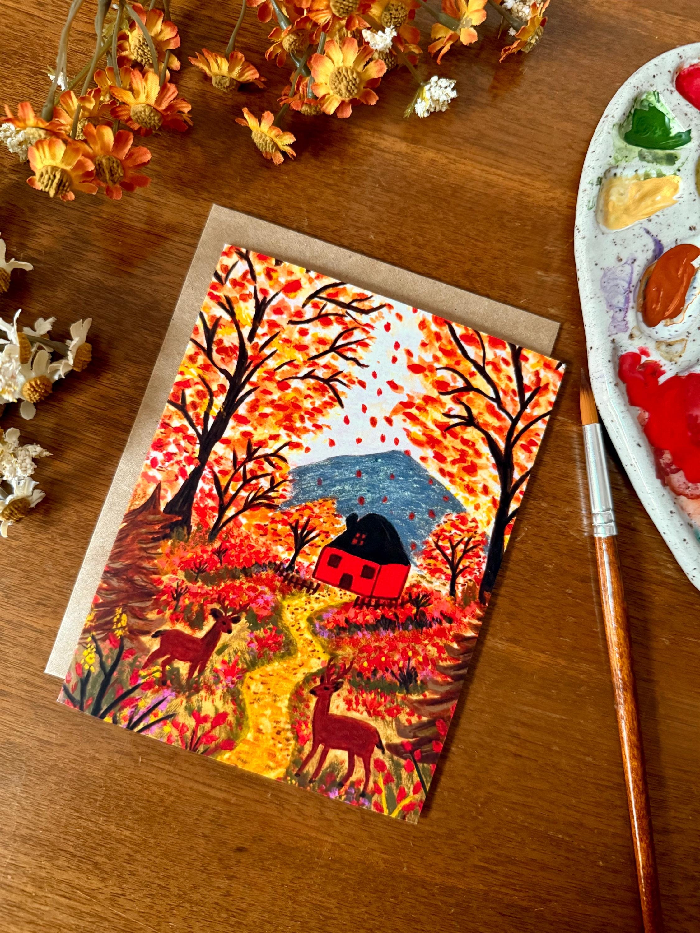 Fall Watercolor Card, Cozy Autumn Woodland Deer Art
