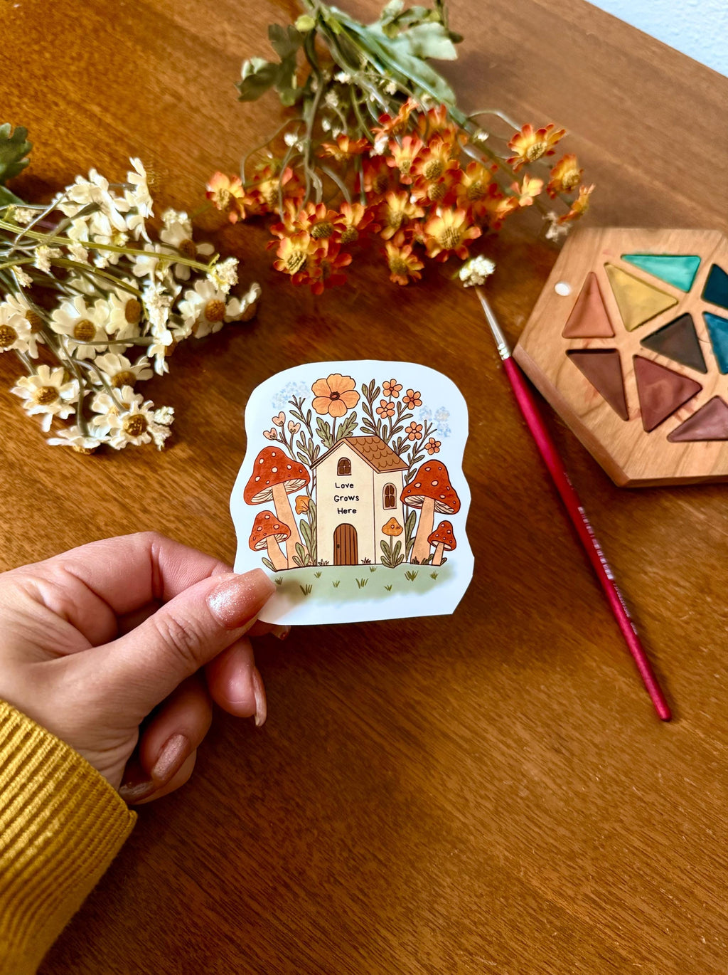 Mushroom Cottage Sticker – Whimsical Woodland Art, Water-Resistant