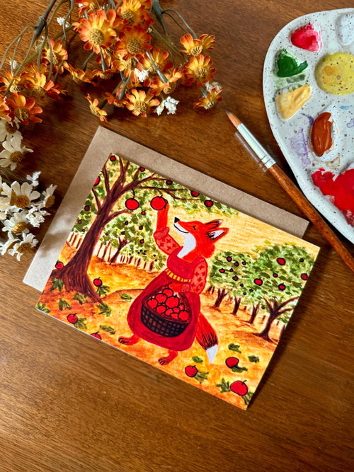 Fox Watercolor Card • Autumn Apple Picking, Cottagecore Art