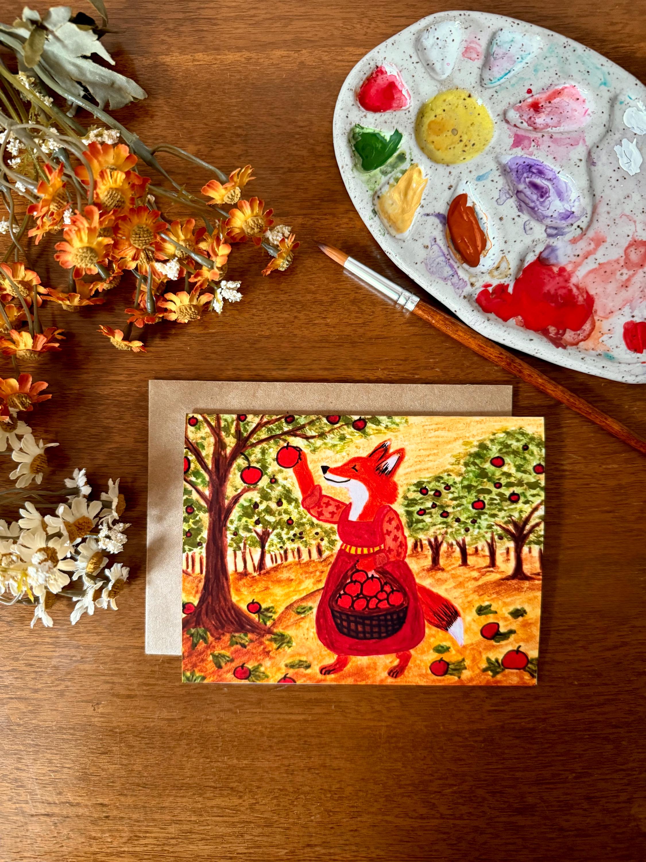 Fox Watercolor Card • Autumn Apple Picking, Cottagecore Art