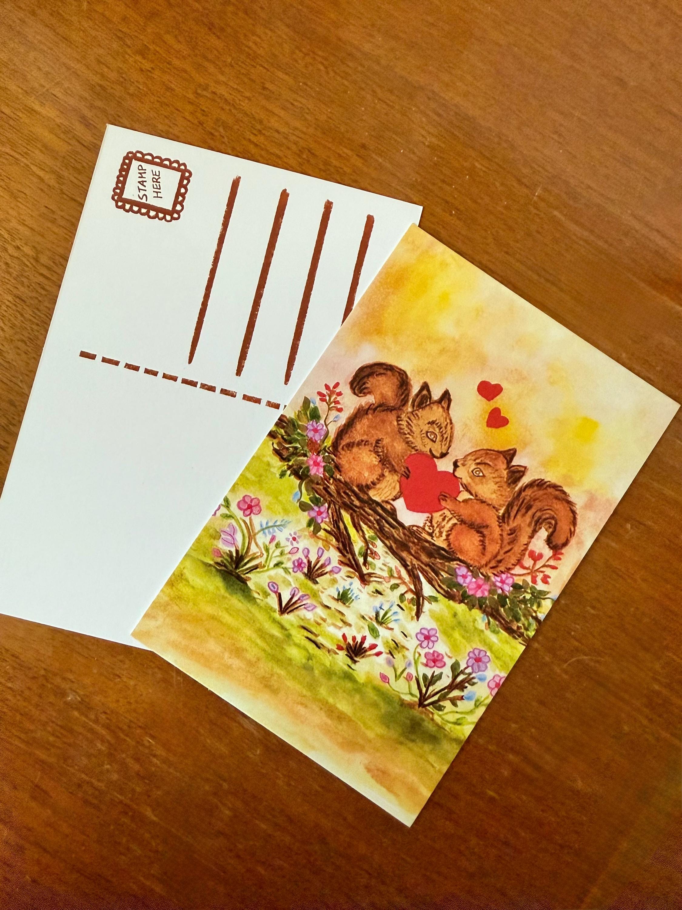 Squirrels Valentine Postcard | Two Squirrels Holding a Heart | Whimsical Watercolor Forest Art | Cozy Snail Mail, Woodland
