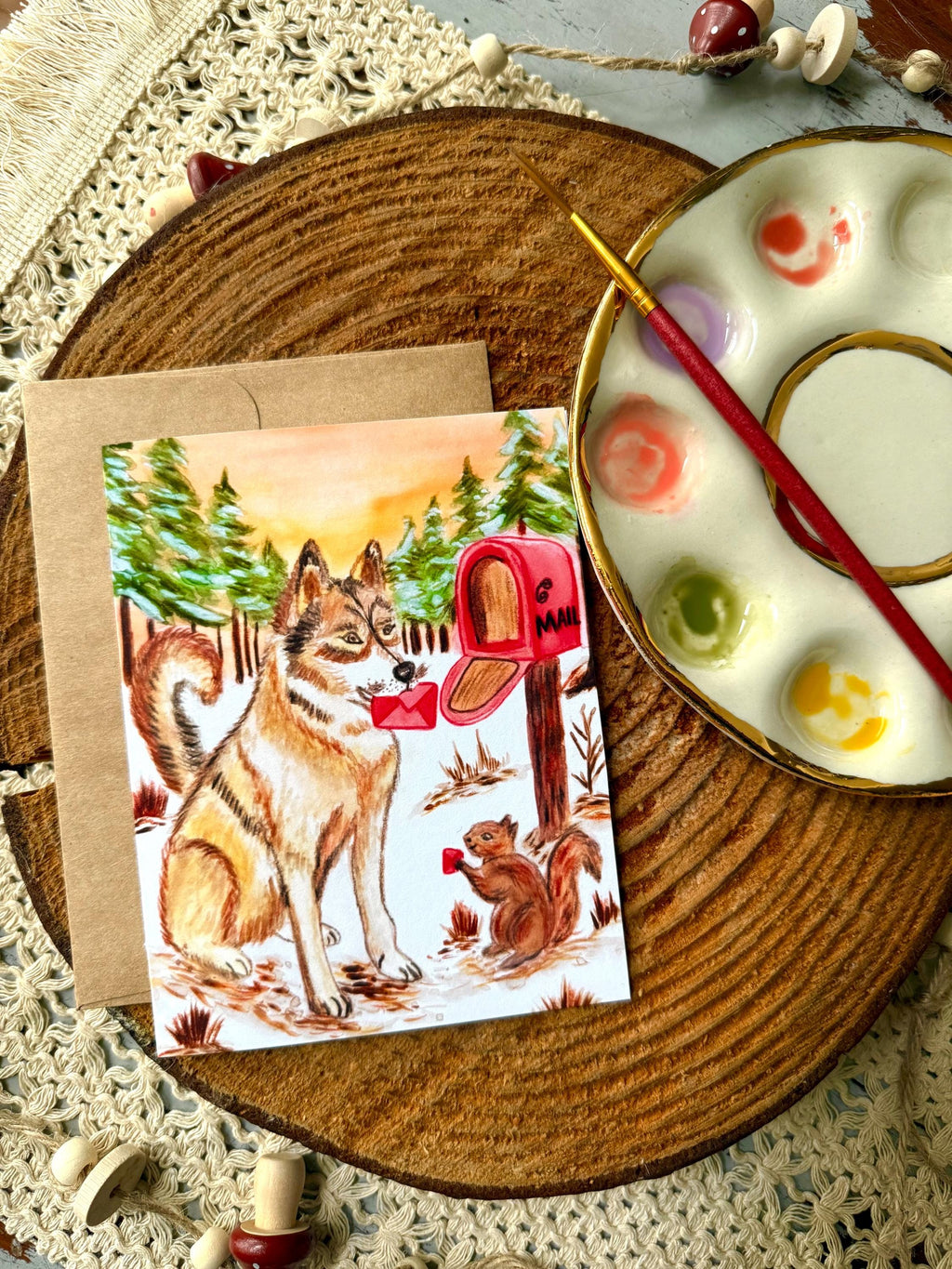 Husky Dog Valentine Card, Whimsical Woodland Watercolor Love Card | Dog Lover Valentine, Engagement, Wedding, Dog Card