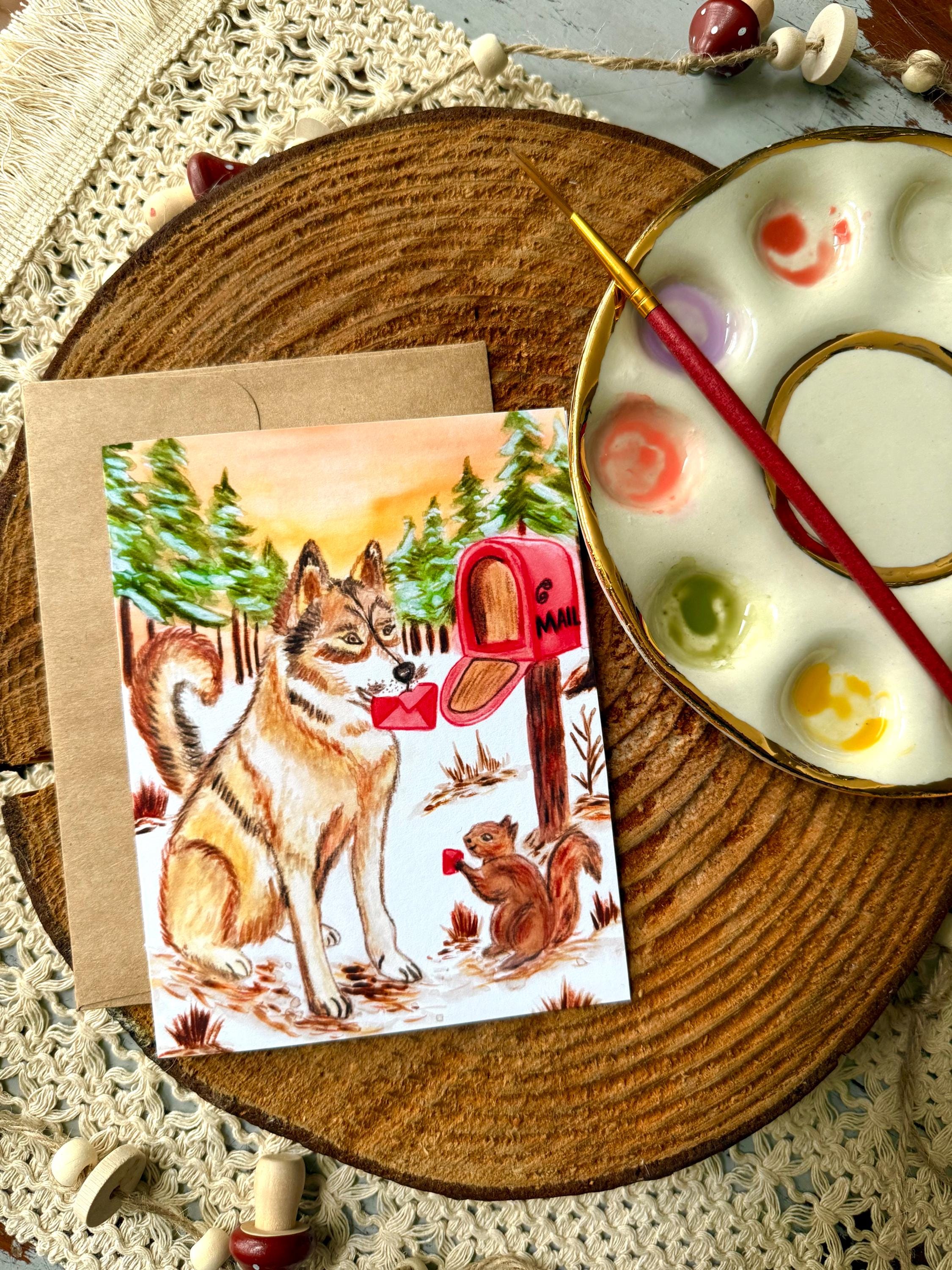 Husky Dog Valentine Card, Whimsical Woodland Watercolor Love Card | Dog Lover Valentine, Engagement, Wedding, Dog Card