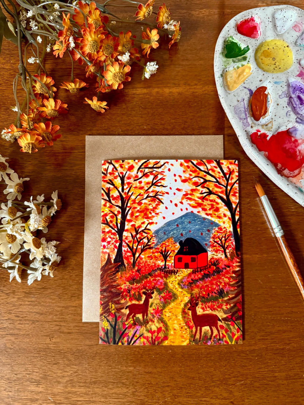Fall Watercolor Card, Cozy Autumn Woodland Deer Art