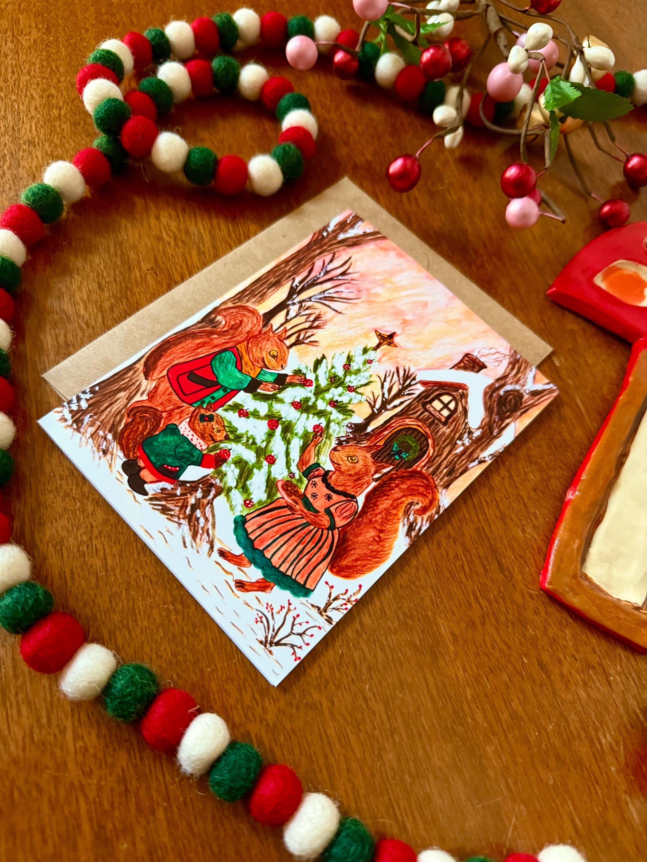 Squirrel Family Christmas Card – Watercolor Woodland Greeting
