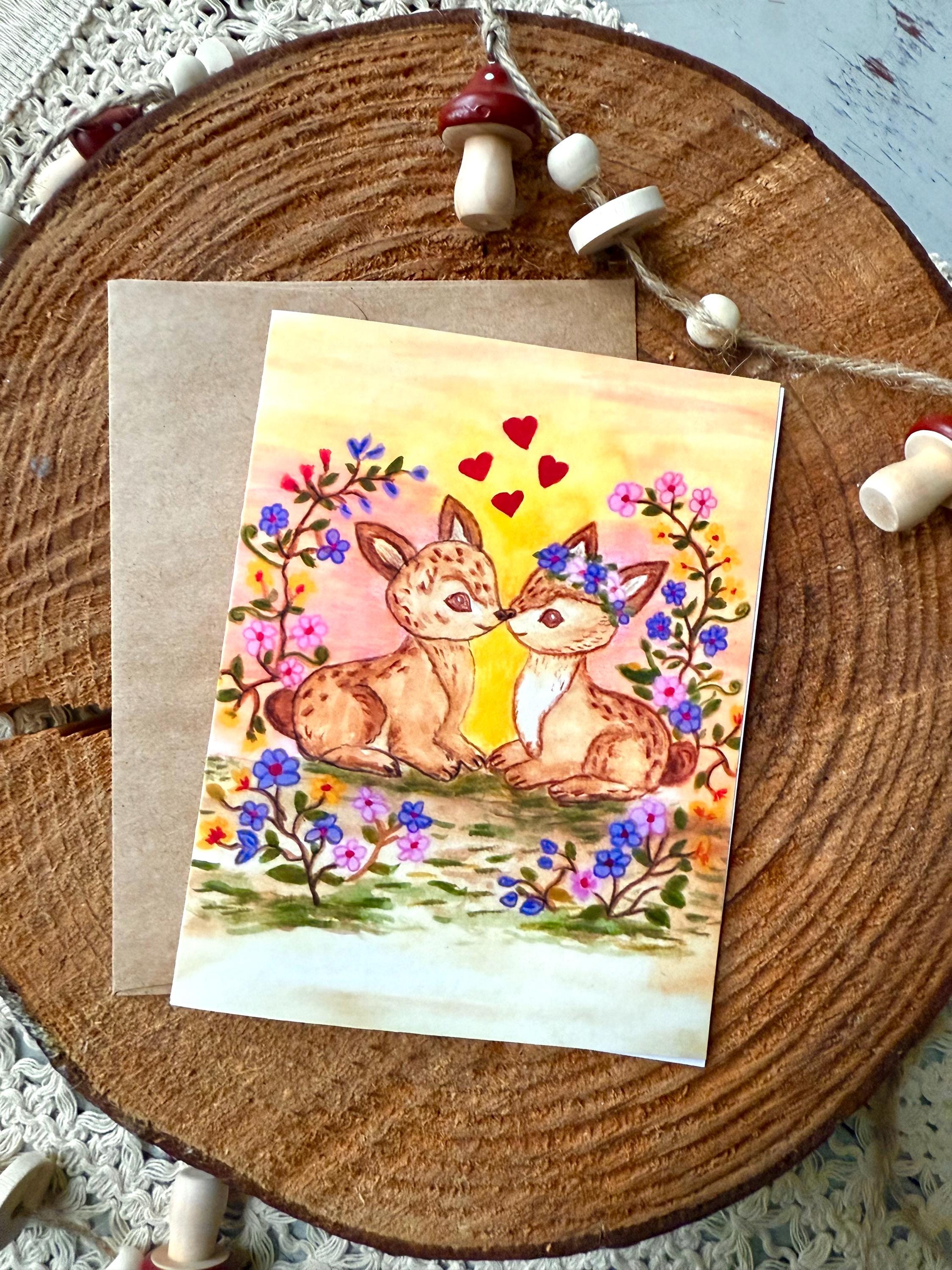 Fawn Valentine Card | Two Kissing Deer in Woodland Sunset | Hand Illustrated Watercolor Love Card, Engagement, Wedding, Valentine Cards