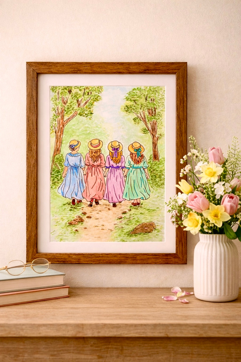 Little Women Art Print Spring| March Sisters Illustration, Cottagecore Decor, Louisa May Alcott, Wall Art Print
