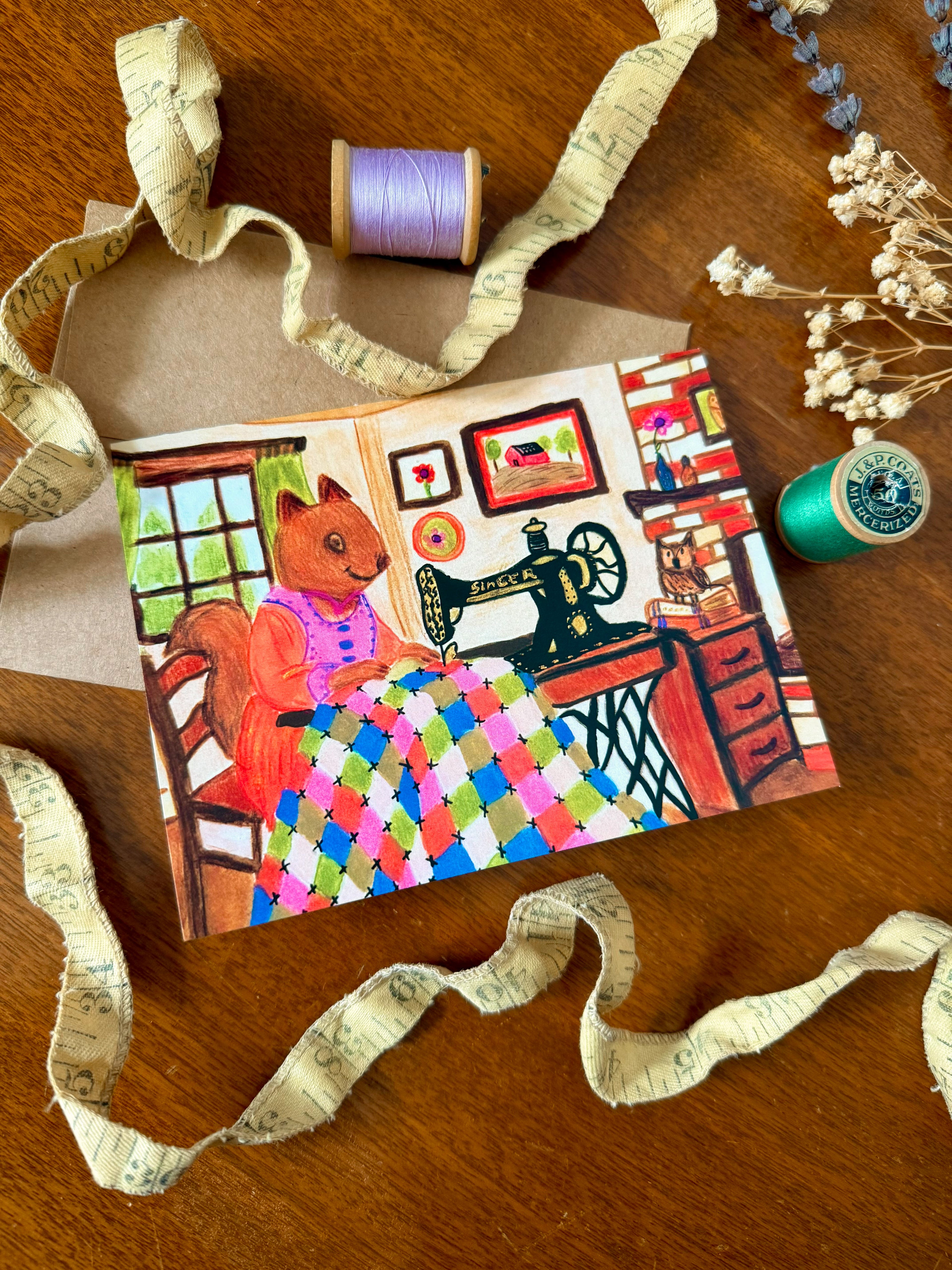 Squirrel Sewing Greeting Card, Woodland, Singer Machine