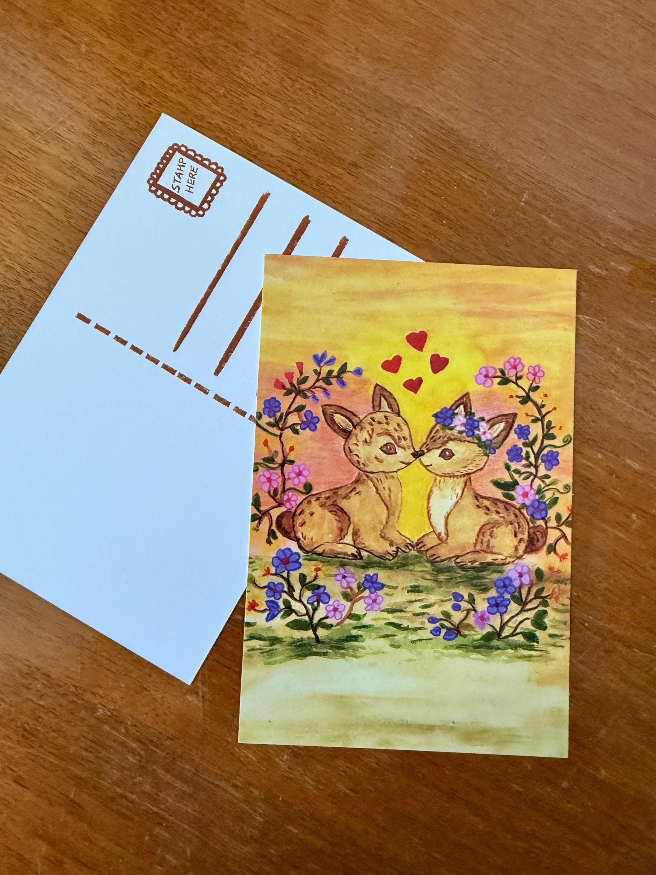 Kissing Fawn Woodland Postcard | Romantic Deer Couple Watercolor | Anniversary Wedding Valentine Postcard | Whimsical Forest Art