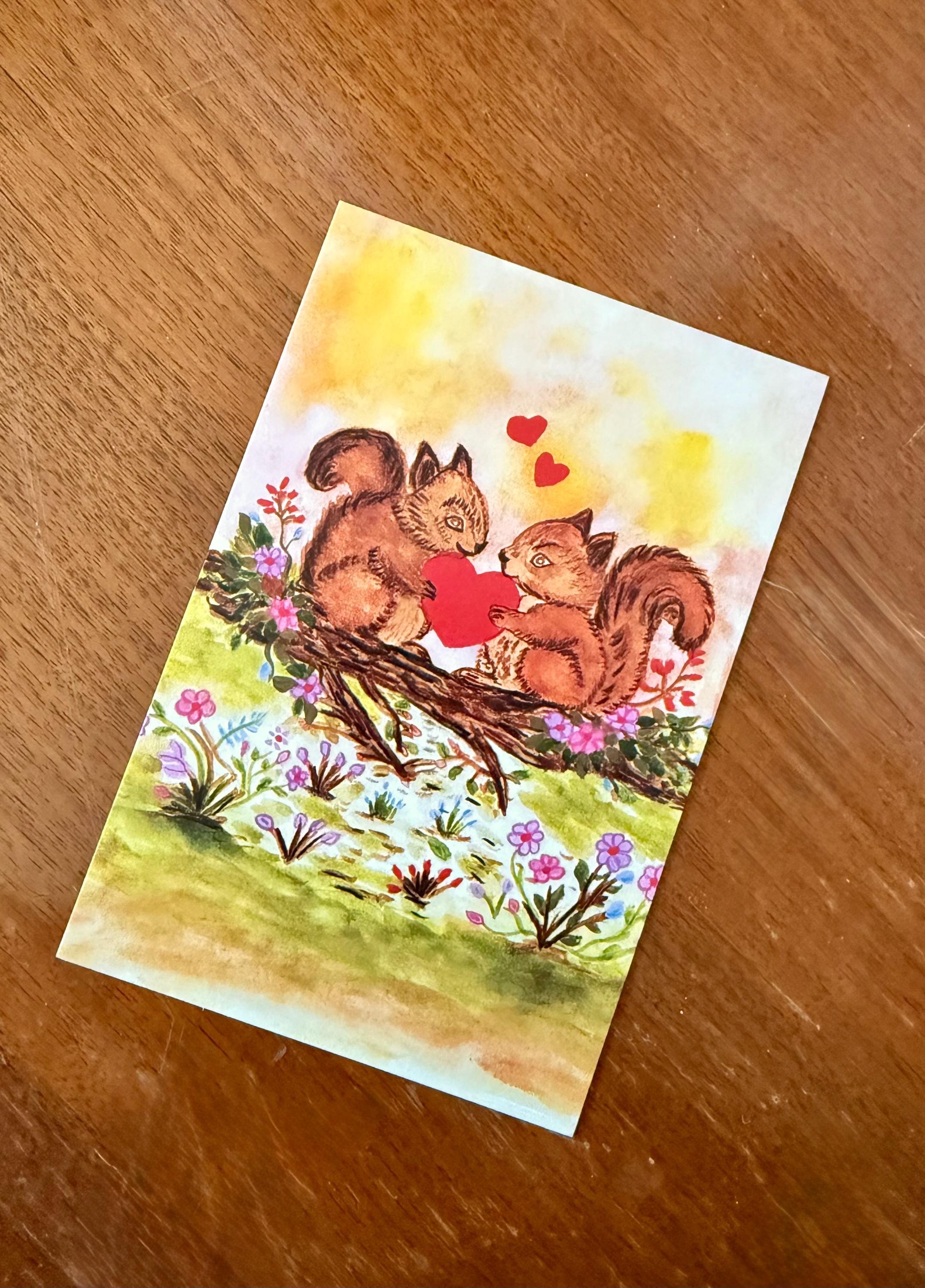 Squirrels Valentine Postcard | Two Squirrels Holding a Heart | Whimsical Watercolor Forest Art | Cozy Snail Mail, Woodland