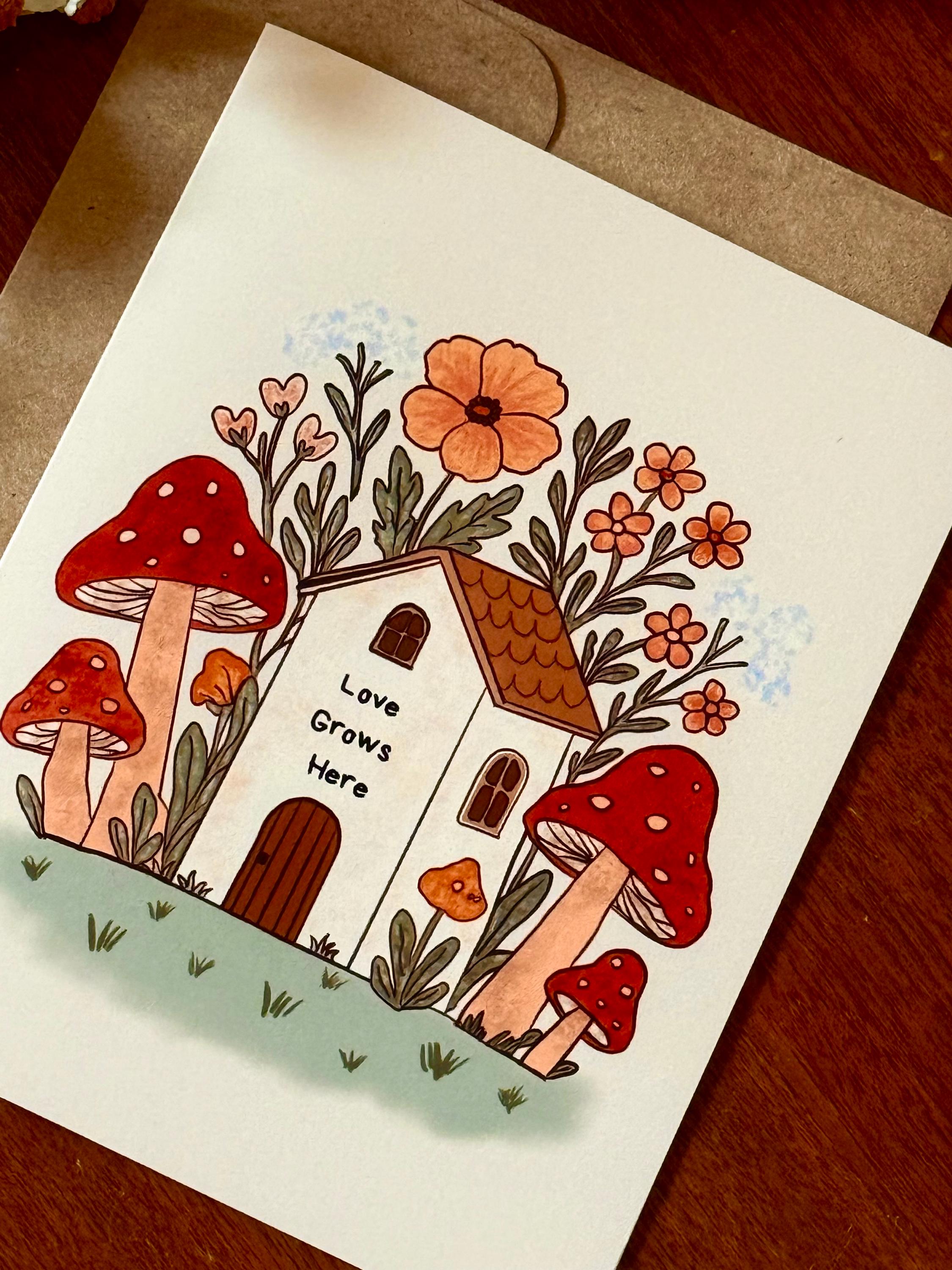 Cottagecore Mushroom House Greeting Card – Whimsical Watercolor Art