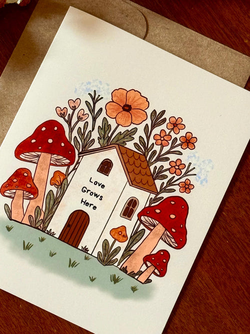Cottagecore Mushroom House Greeting Card – Whimsical Watercolor Art