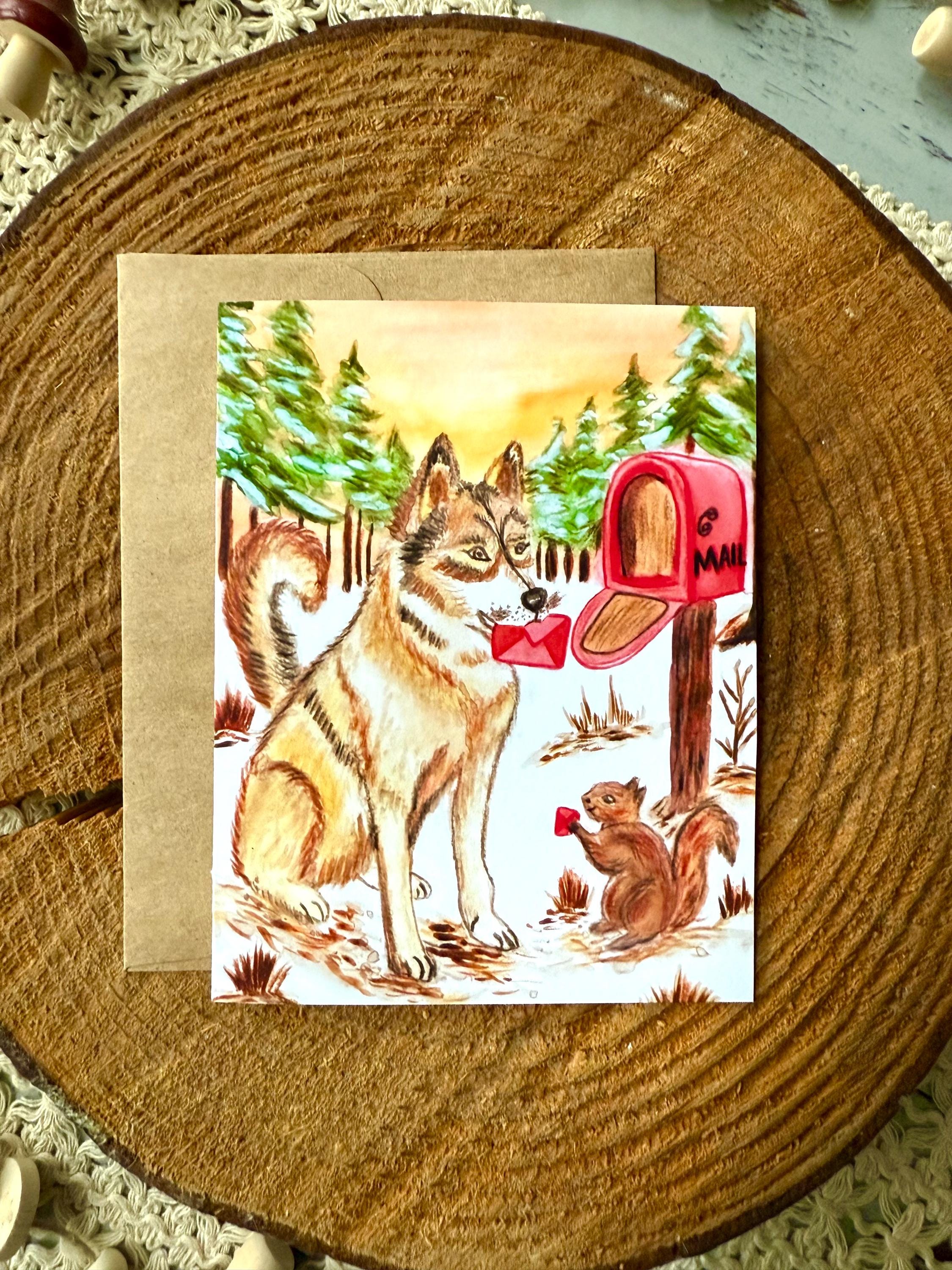 Husky Dog Valentine Card, Whimsical Woodland Watercolor Love Card | Dog Lover Valentine, Engagement, Wedding, Dog Card