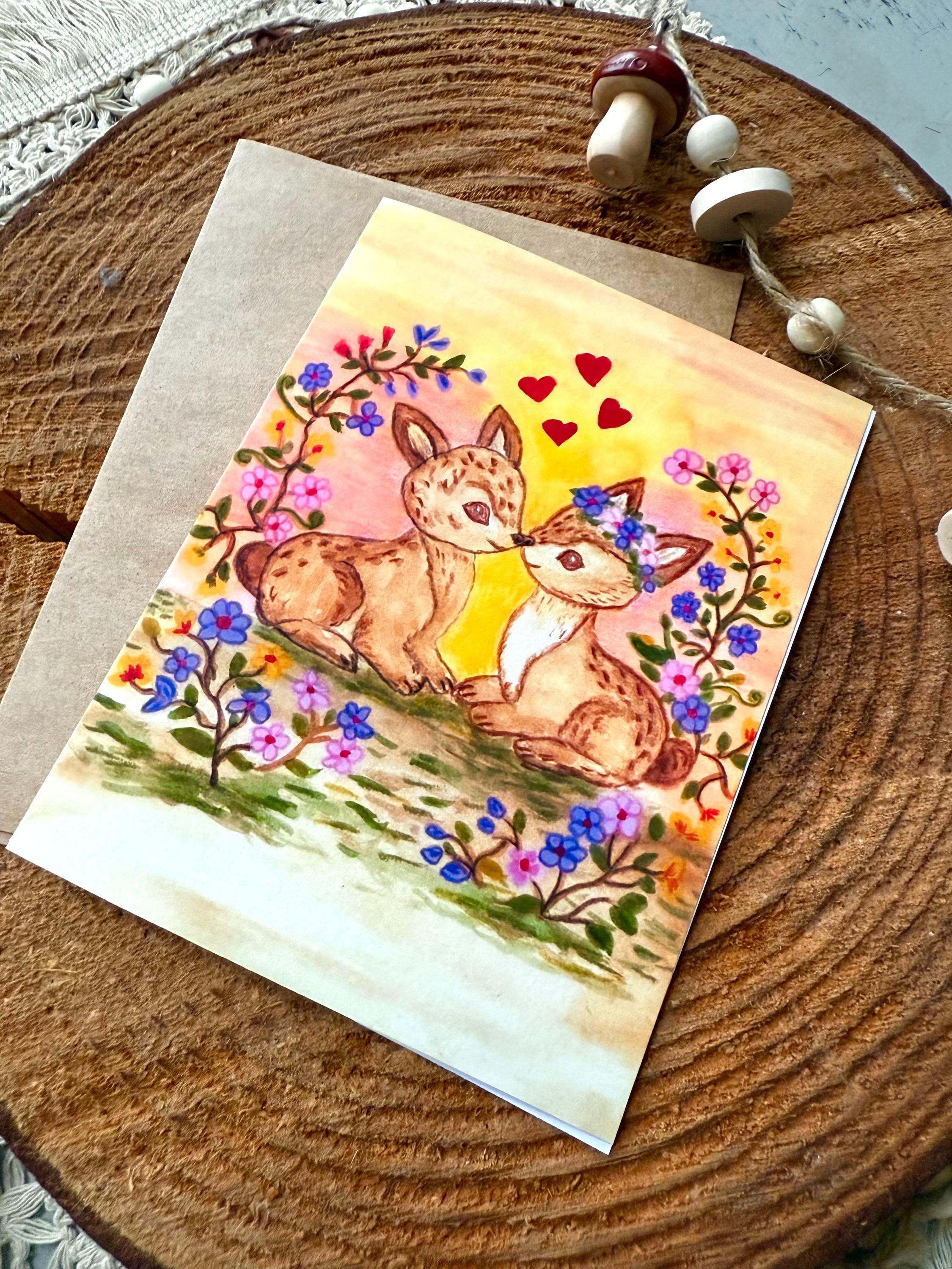 Fawn Valentine Card | Two Kissing Deer in Woodland Sunset | Hand Illustrated Watercolor Love Card, Engagement, Wedding, Valentine Cards
