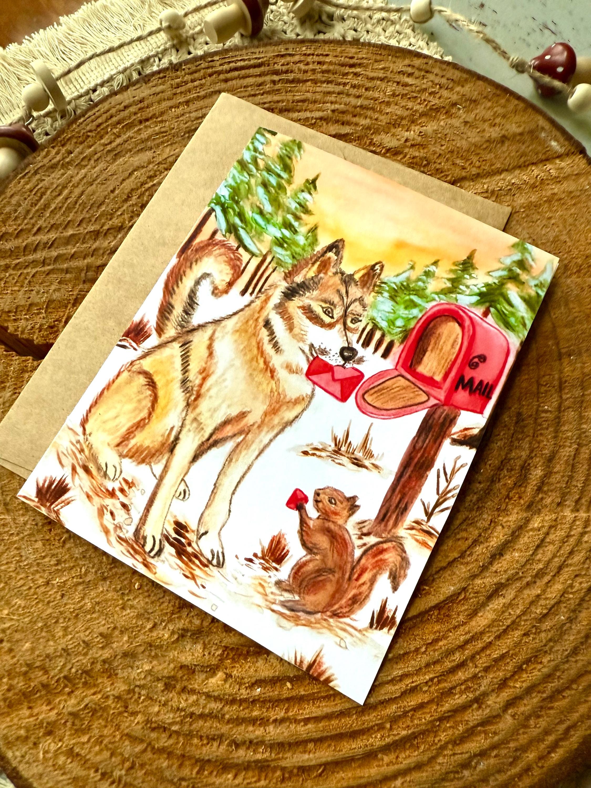 Husky Dog Valentine Card, Whimsical Woodland Watercolor Love Card | Dog Lover Valentine, Engagement, Wedding, Dog Card