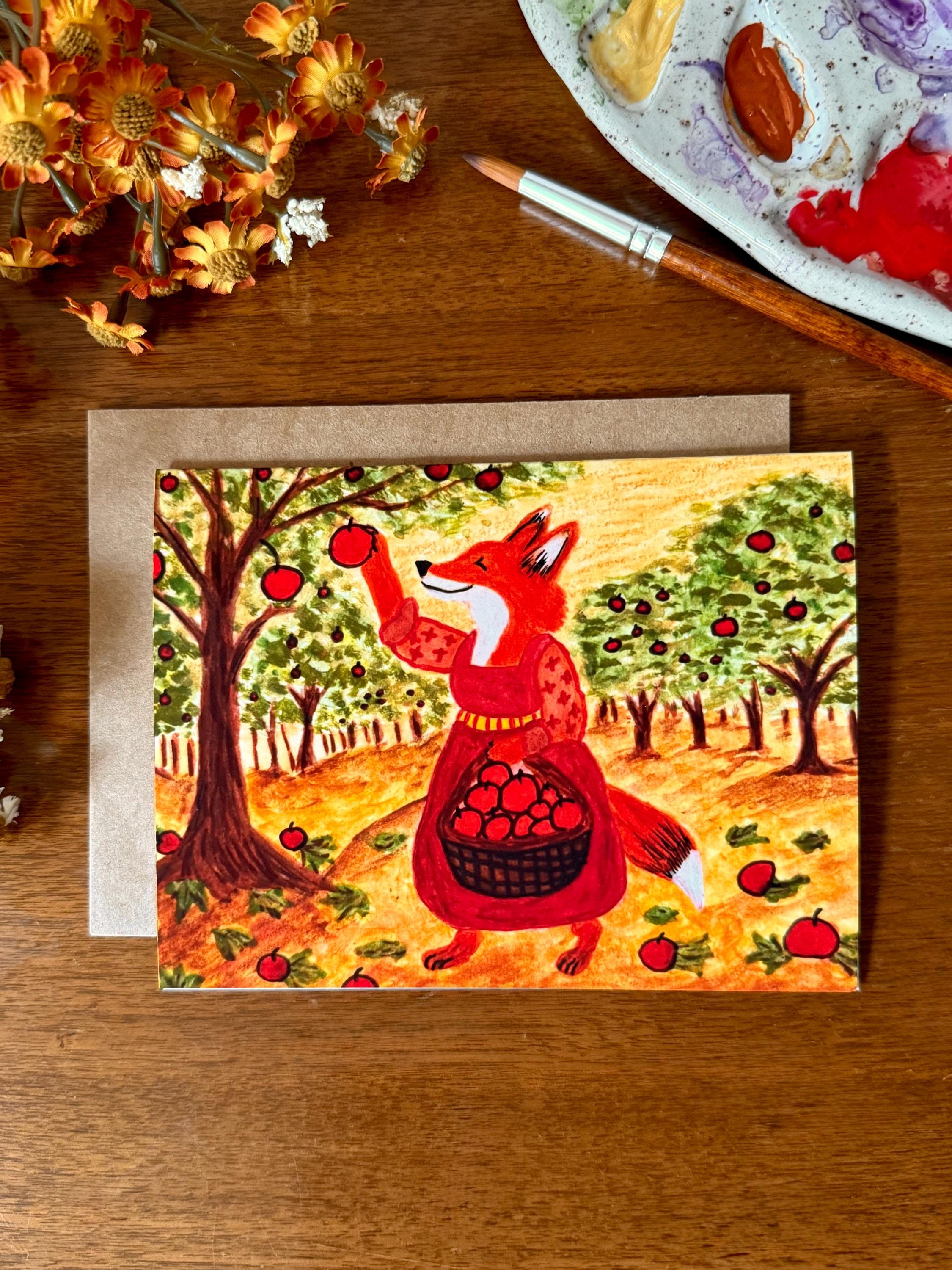 Fox Watercolor Card • Autumn Apple Picking, Cottagecore Art