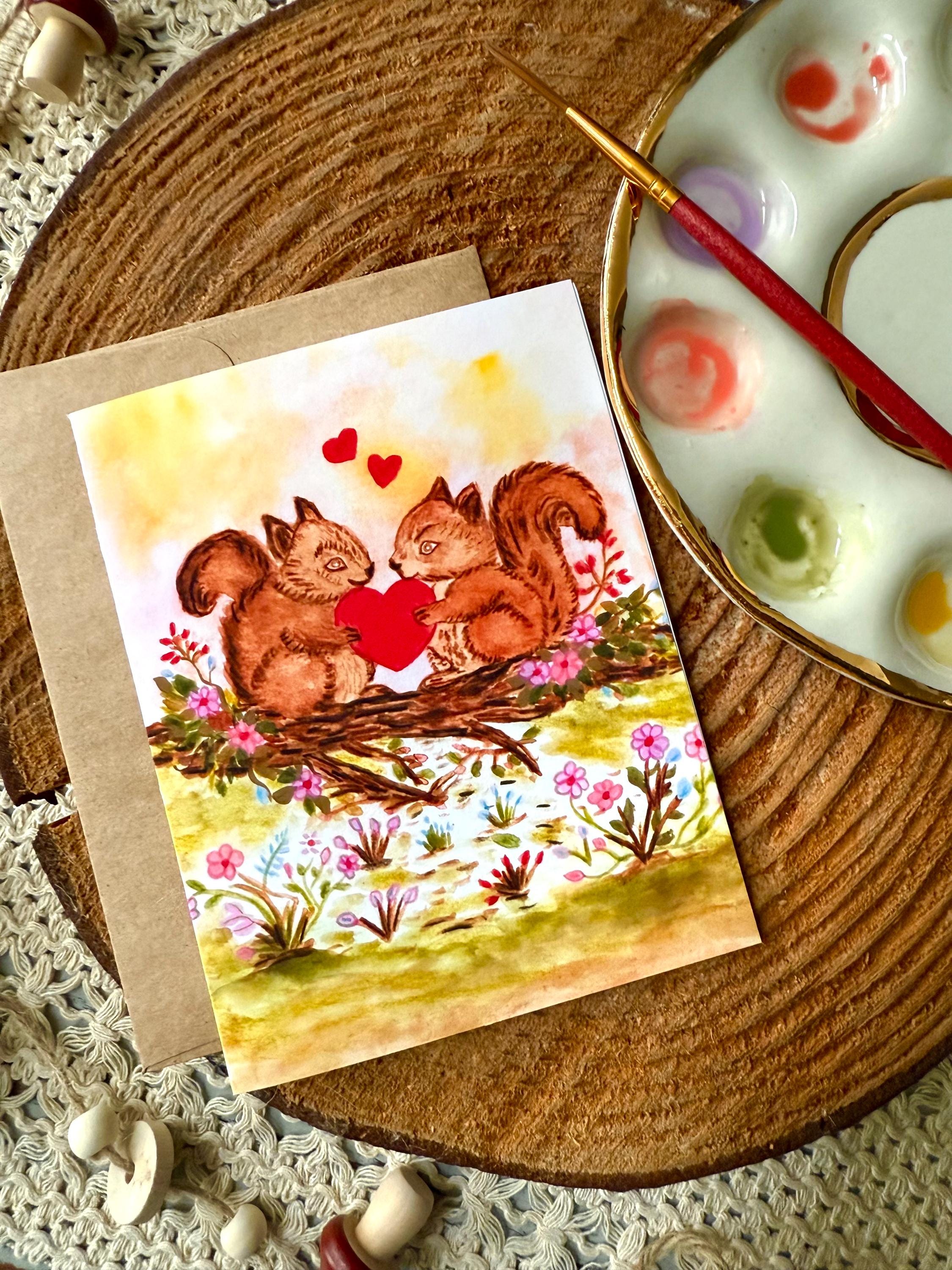 Squirrel Valentine Card | Woodland Squirrels with Heart Watercolor | Hand Illustrated Love Card, Valentine, Anniversary