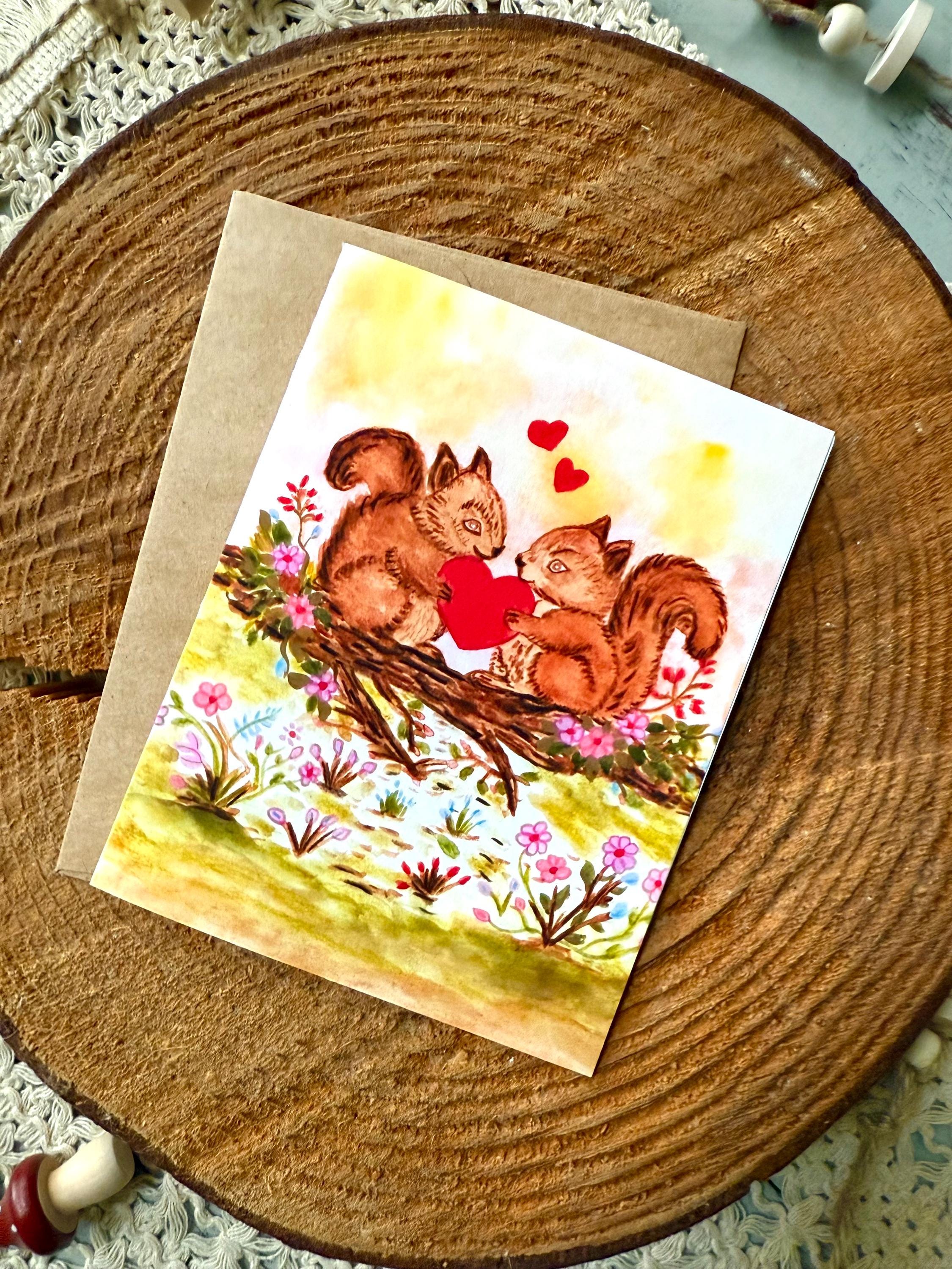 Squirrel Valentine Card | Woodland Squirrels with Heart Watercolor | Hand Illustrated Love Card, Valentine, Anniversary