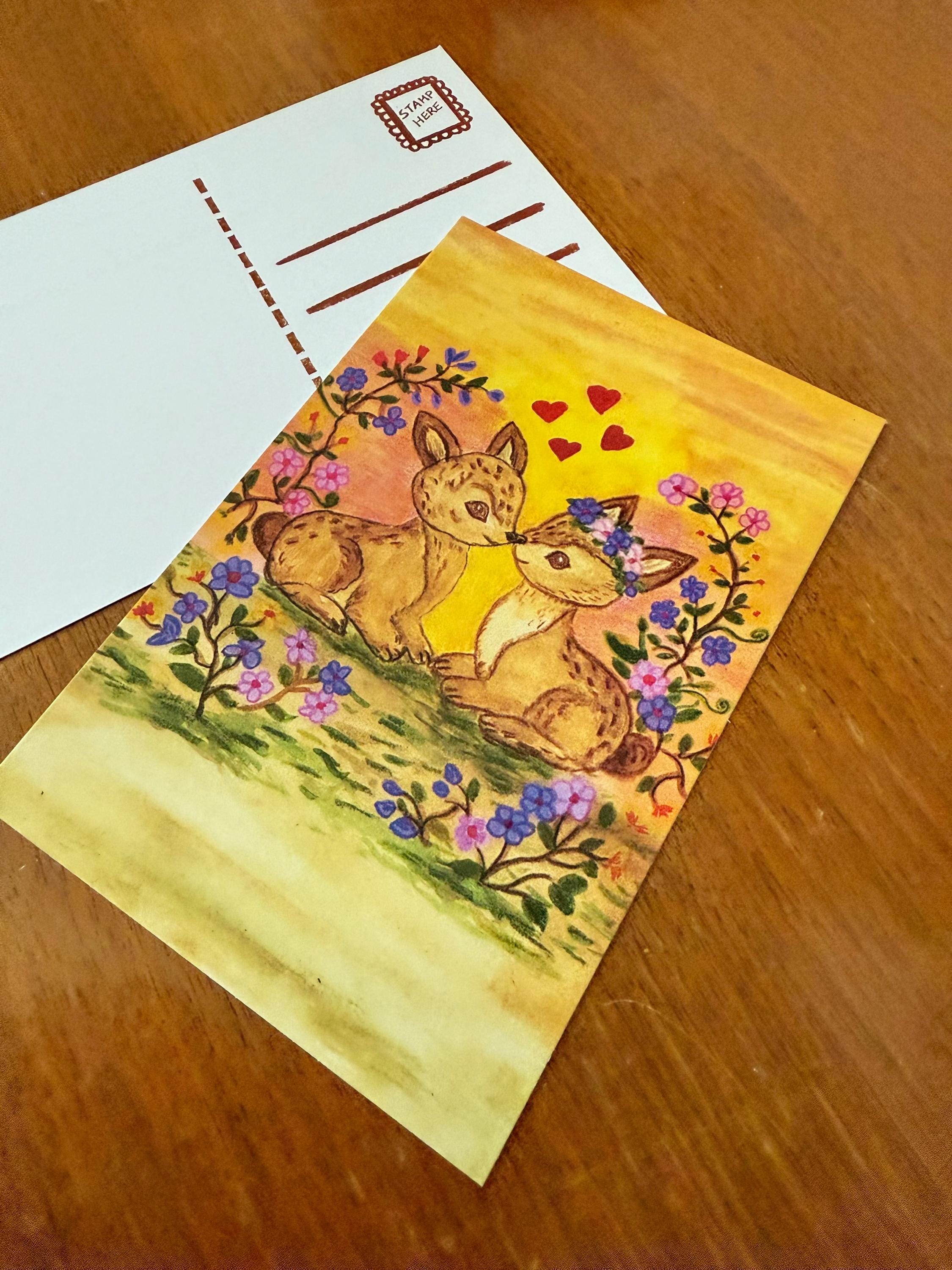 Kissing Fawn Woodland Postcard | Romantic Deer Couple Watercolor | Anniversary Wedding Valentine Postcard | Whimsical Forest Art