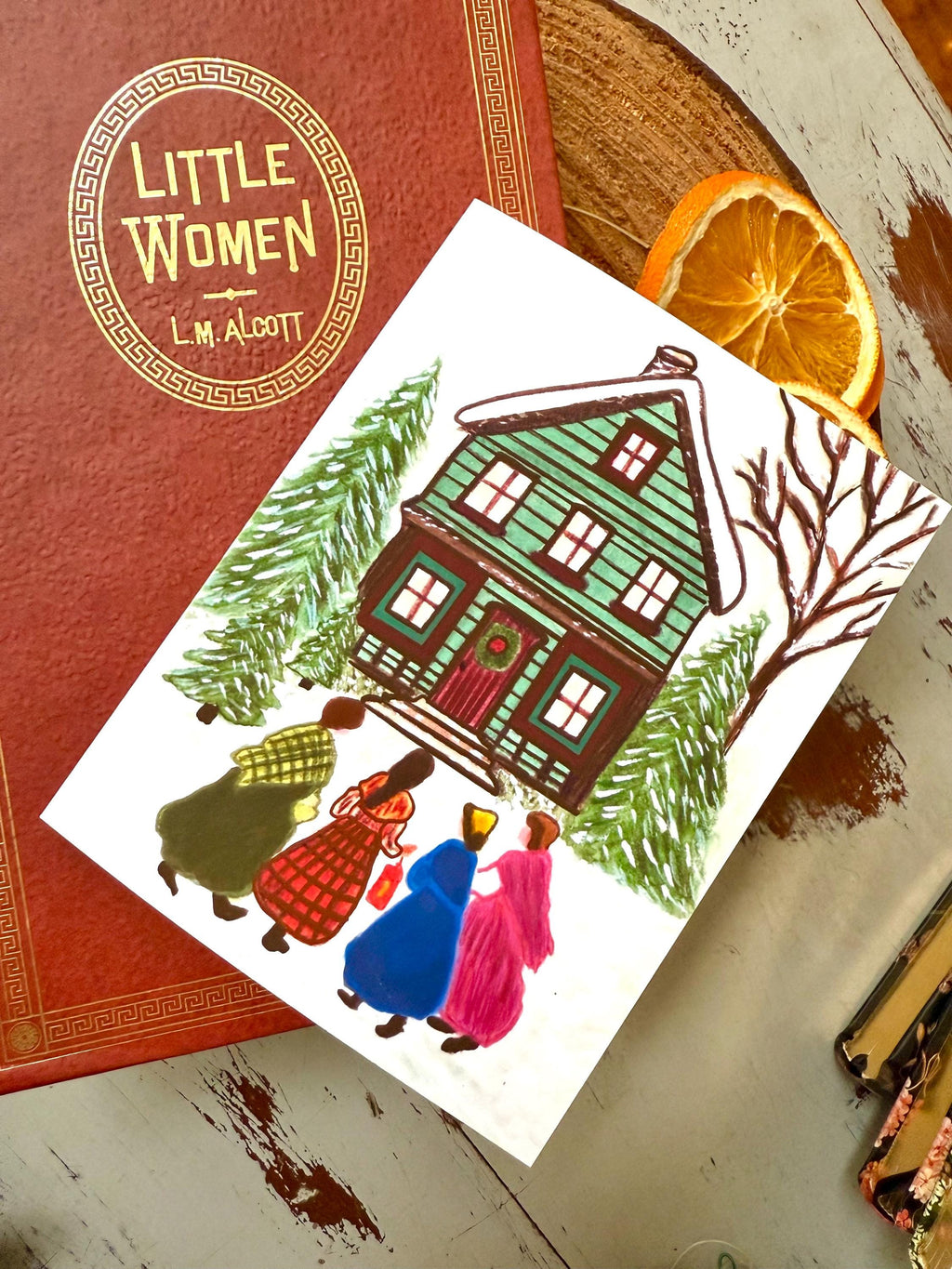 Little Women Christmas Greeting Card – Hand Painted Illustration of the March Sisters • Vintage Book Lover Card • 4.25x5.5 Cards