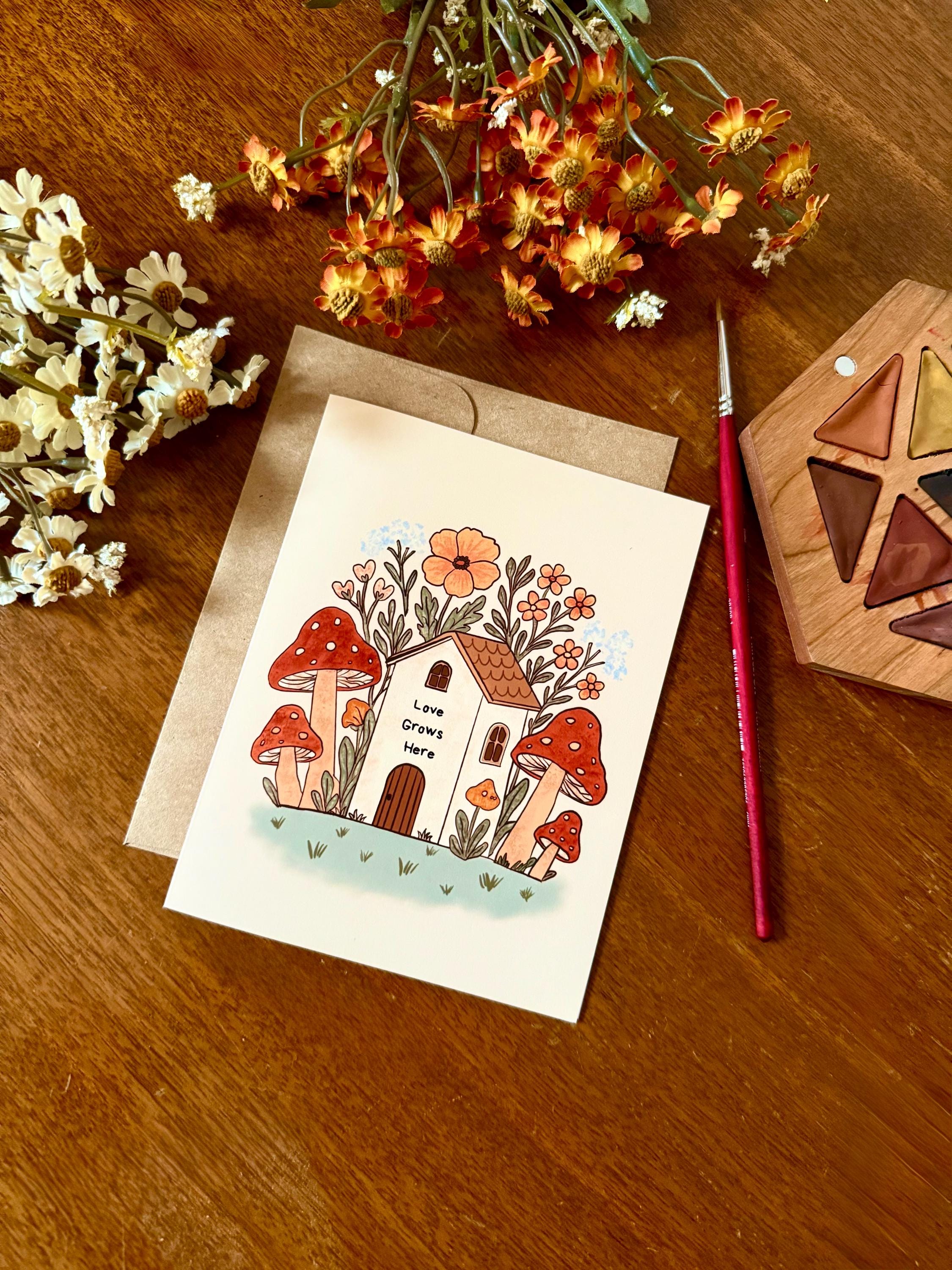 Cottagecore Mushroom House Greeting Card – Whimsical Watercolor Art