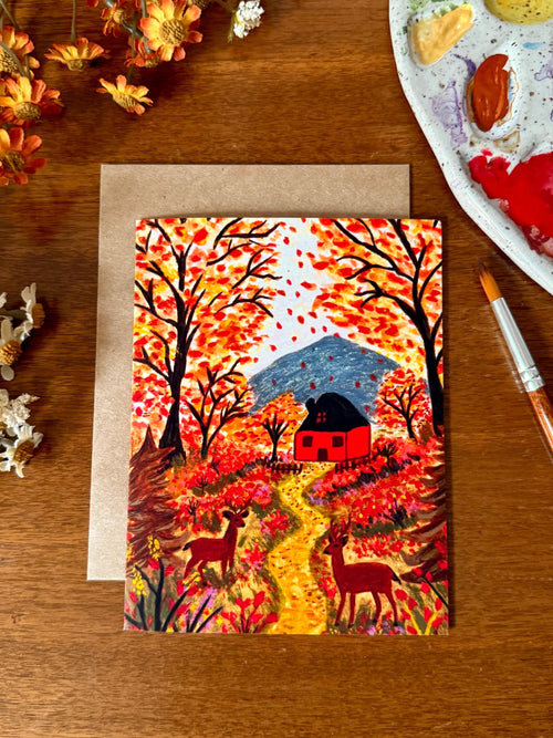 Fall Watercolor Card, Cozy Autumn Woodland Deer Art